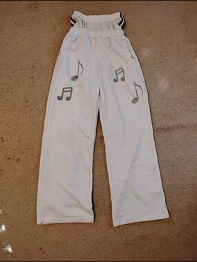 White Women's Track Pants with Musical Note Rhinestones